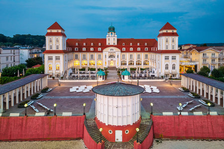 A view of Binz at sunrise from the pier on the beachの写真素材