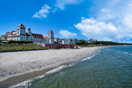 A view of the spa building in Binz from the pier towards the Baltic Sea.の写真素材