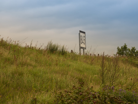 sign on the banks of the rhine 845 kilometers, Grieth am Rhein, Germanyの写真素材