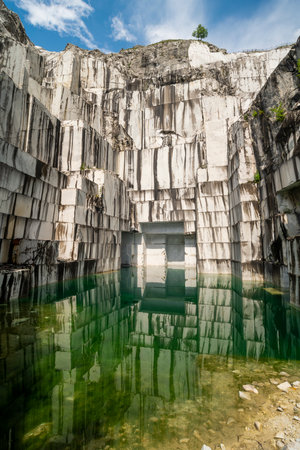 The blue lake of the marble quarry Valsora Massa Carrara Tuscany Italyの写真素材