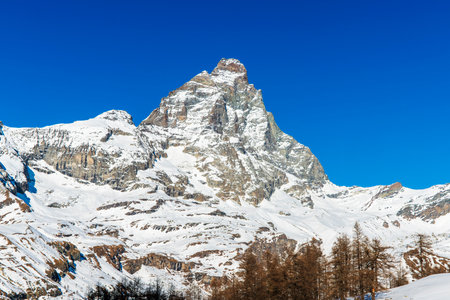 Aerial view of Matterhorn mountain Breuil Cervinia Aosta valley Italyの写真素材