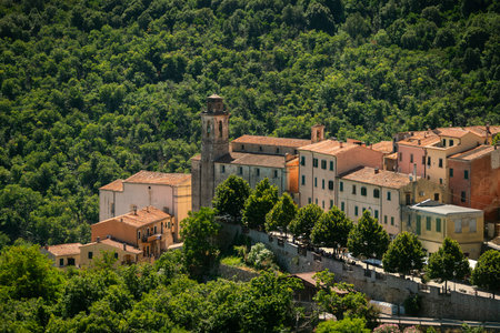 Aerial view of the historic center of the town of Marciana, Livorno, Elba Island, Tuscany, Italyの写真素材