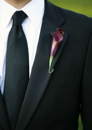 Purple calla lily wedding boutonniere on suit of groomの写真素材