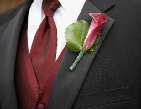 Red calla lily wedding boutonniere on suit jacket of groomの写真素材