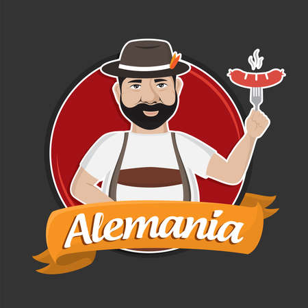 Fat German man wearing brown hat, holding a fork with a sausage in his left hand. Red circle and dark background.のイラスト素材