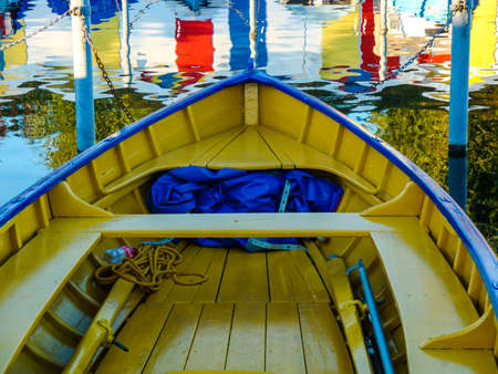 Yellow boat in the lakeの写真素材