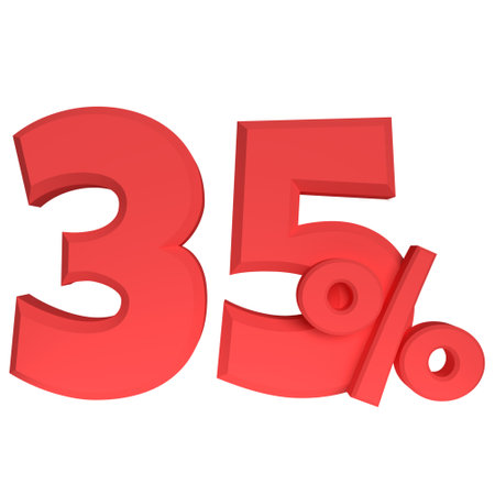 3d red number 35 percent on white background. 3d illustration