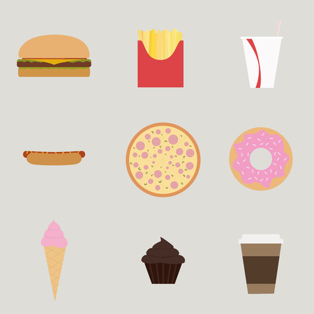 Fast Food set, hamburger, french fries, soda, hotdog, pizza, donut, ice cream, muffin, coffee cup.のイラスト素材