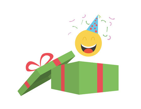 Party emoticon coming out of gift box with confetti and party hat.のイラスト素材