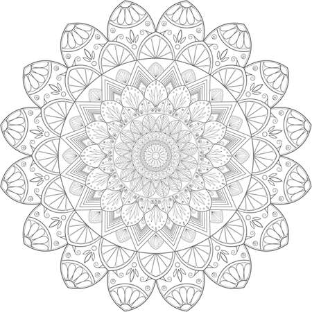 Circular mandala coloring page with floral patterns.のイラスト素材