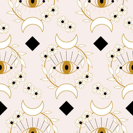 Elegant eyes and flowers in a seamless pattern designのイラスト素材