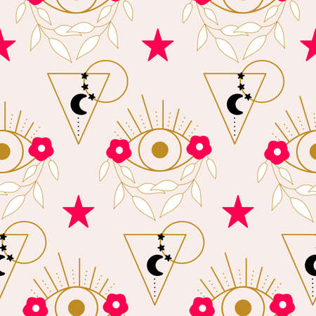 Elegant eyes, flowers and geometric elements in a seamless pattern designのイラスト素材