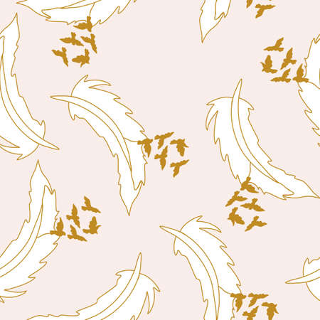 Elegant white and gold feathers and birds, in a seamless pattern designのイラスト素材