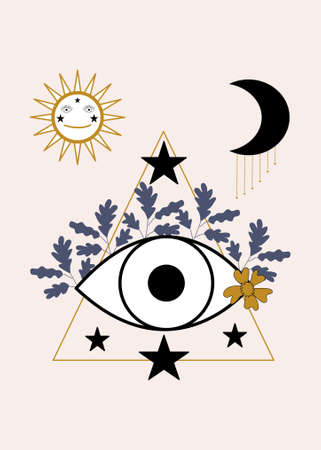 eye, leaves and celestial elementsのイラスト素材
