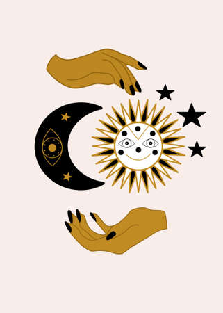 Hands, sun, moon and starsのイラスト素材
