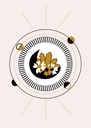 Moon angd flowers in a geometrical compositionのイラスト素材