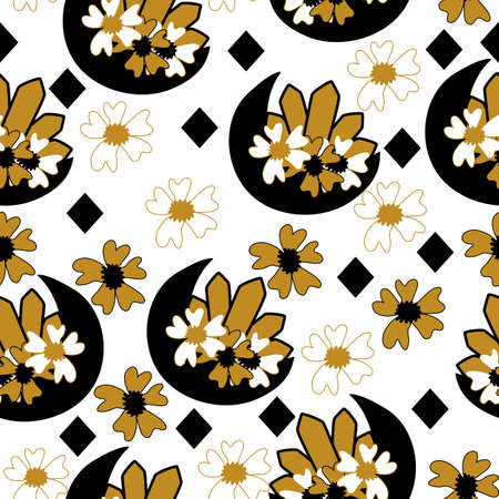 moon, diamonds and flowers, in a seamless pattern designのイラスト素材