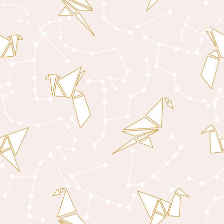 Origami birds and geometric golden elements in a seamless pattern designのイラスト素材