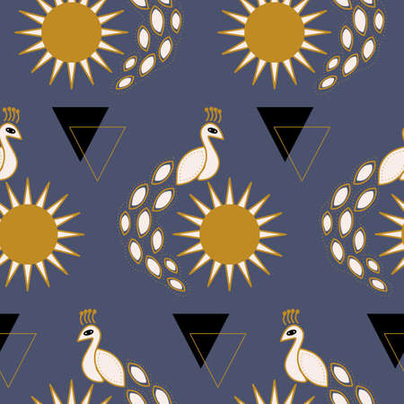 Peacock and sun, in a seamless pattern designのイラスト素材