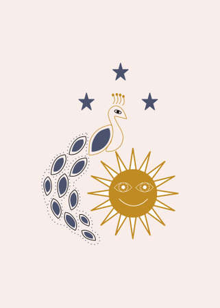 peacock, sun and starsのイラスト素材