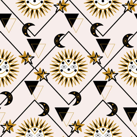 Smiling sun and geometric elements in a seamless pattern designのイラスト素材