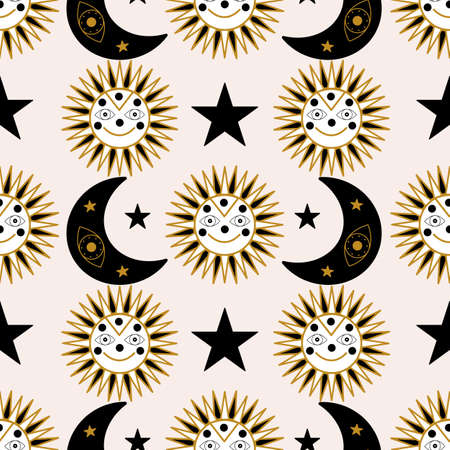 Smiling sun and geometric elements in a seamless pattern designのイラスト素材
