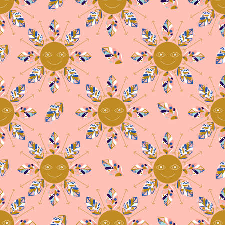 Sun and colorful leaves in a seamless pattern designのイラスト素材