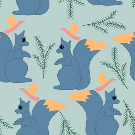 Cute blue squirrel and hats, in a seamless pattern designのイラスト素材