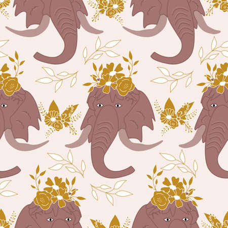 Elegant flowers, leaves and mammoths in a seamless pattern designのイラスト素材