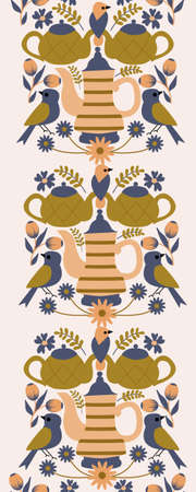 Folk art birds and teapots in a vertical seamless borderのイラスト素材
