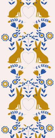 Folk artrabbits, birds and flowers in a vertical seamless borderのイラスト素材