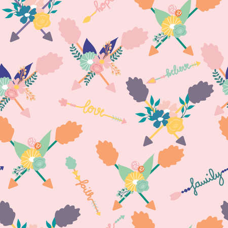 Boho arrows, words and flowers, in anseamless pattern designのイラスト素材