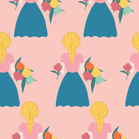 Boho girls with flowers in a seamless pattern designのイラスト素材