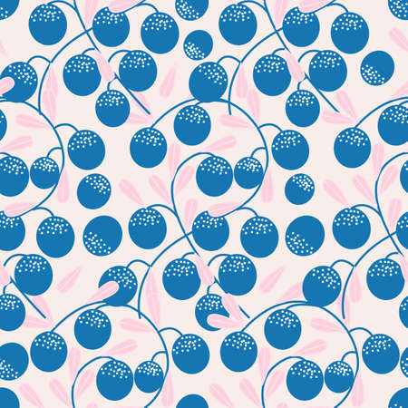 Blue round fruits with pink leaves, in a seamless pattern designのイラスト素材