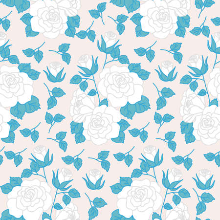 White roses with blue leaves, in a seamless pattern designのイラスト素材