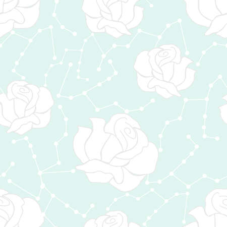 Celestial elements and cute white roses in a seamless pattern designのイラスト素材