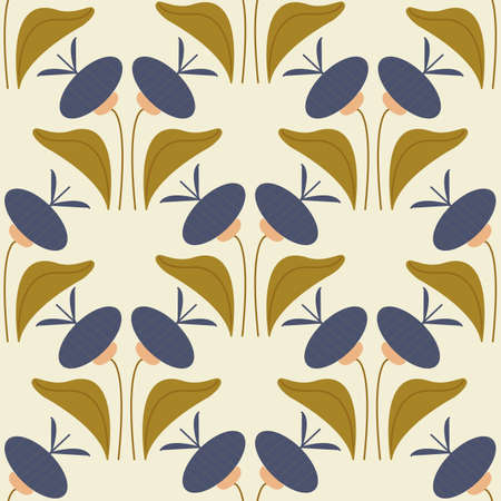 Mustard and purple retro flowers in a seamless pattern design