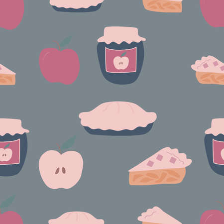 Apple pie, apples and jam in an seamless autumn patternのイラスト素材
