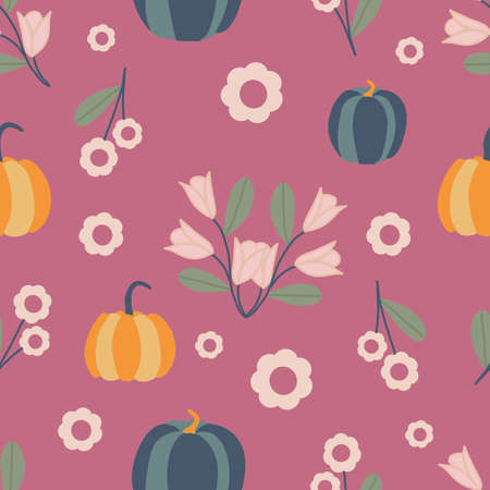 Autumn colored flowers and pumpkins in a seamless pattern designのイラスト素材