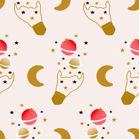 Celestial elements and light bulb in a seamless pattern designのイラスト素材