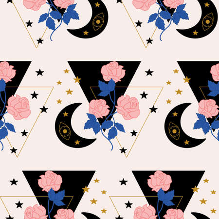 Geometric elements, pink roses and celestials, in a seamless pattern designのイラスト素材