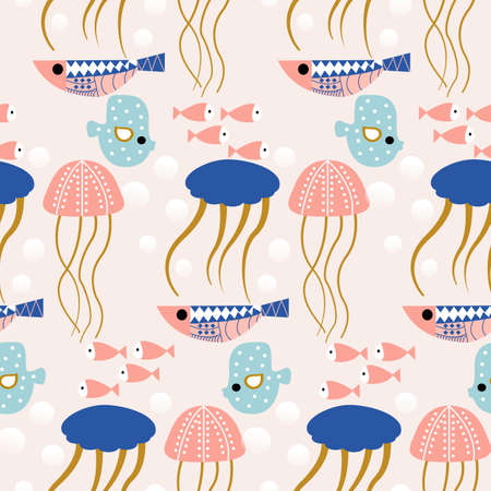 Blue and pink pattern design with jellyfish and colorful fishesのイラスト素材