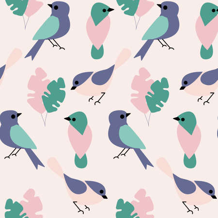 Colorful birds and leaves in a seamless pattern designのイラスト素材