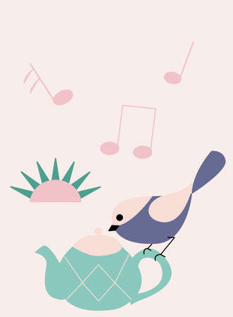 Purple bird, teapot and musicPurple bird, teapot and musicのイラスト素材