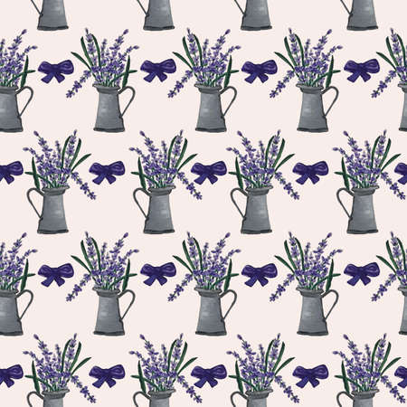 Grey water can and lavender in a seamless pattern designの写真素材