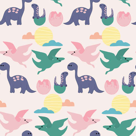 Pretty dinosaurus in a seamless pattern designのイラスト素材