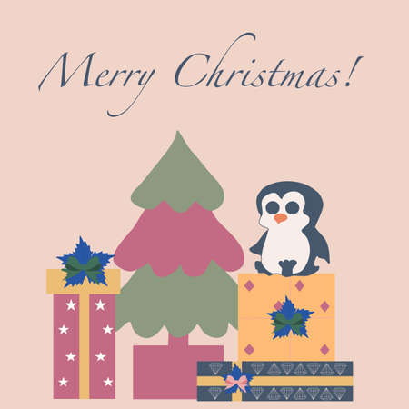 Vector illustration with cute pinguin, pine tree and gifts bagsのイラスト素材