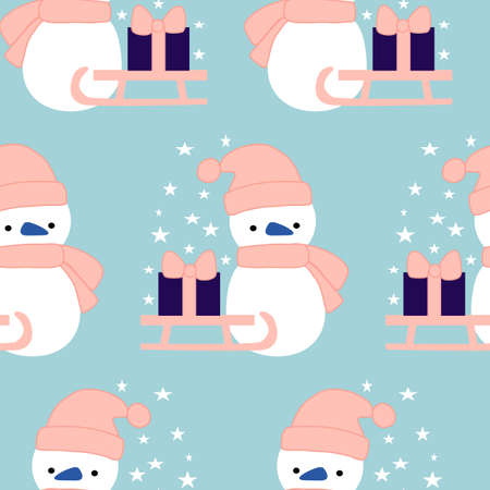 Winter seamless pattern design with cute snowman, sleight and gift bagのイラスト素材