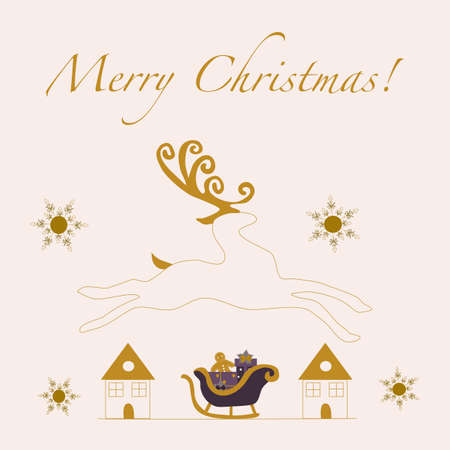 Christmas vector illustration with reindeer, sleight, and housesのイラスト素材