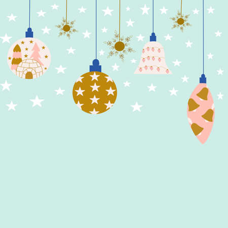 Hanging Christmas elements in a colorful backgroundのイラスト素材
